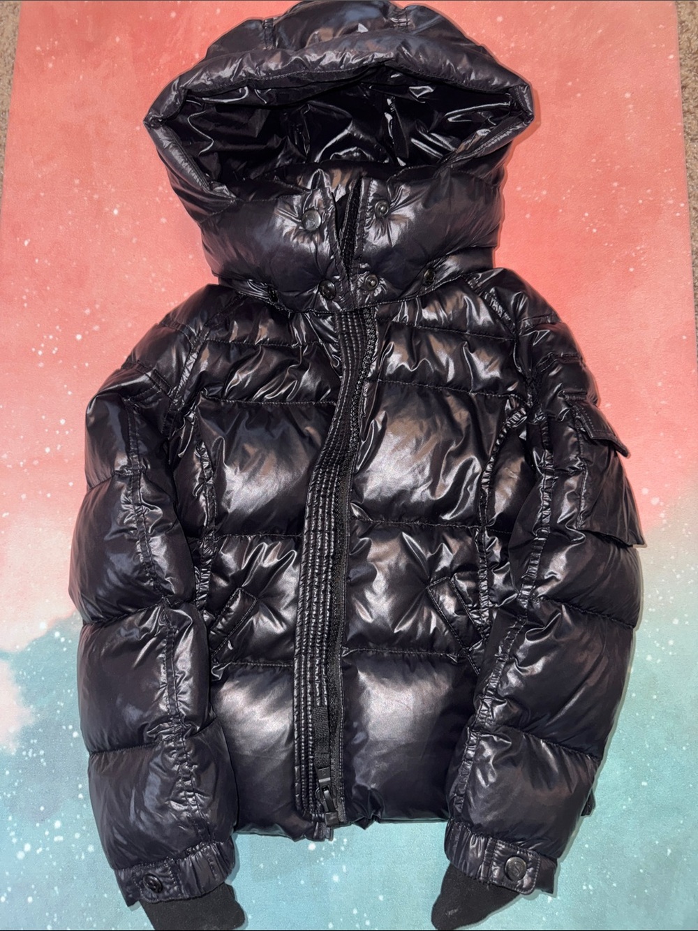 S13 Kids shiny Black and Puffer Jacket with detachable Hood size 6